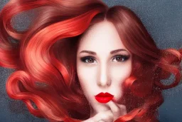 Beautiful portrait female, long brown wavy hair, barrel roll curls, looking down and to the side, full red lips, hand up like blowing a kiss, side profile, painted with wet goauche