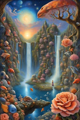 . Rose fruit trees, imaginative landscapes and sophisticated cities. Waterfalls. And an underwater lake with ornamental fish, coral and precious stones. The sky is decorated with stars perfect anatomy, fantasy, vibrant digital art professional award winning masterpiece, oil on canvas Atmospheric extremely detailed Josephine Wall