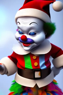 Clown from IT dressed in a santa outfit,high detail, volumetric lighting, tiny features, intricate detail,volumetric clouds