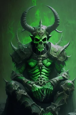 Demonio con armadura verde con negro meditando y casco de craneo