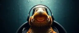weird perspective close up portrait of platypus duck pilot looking down on cam, with background in the style of escher and giger, a chill contrapunctus fugue in the style of fsol, beethoven, goa trance breaks, dancefloor drum and bass,