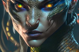 A Reptilian Female with snake eyes, tattooed skin, 4k resolution concept art portrait by Greg Rutkowski, Artgerm, WLOP, Alphonse Mucha dynamic lighting hyperdetailed intricately detailed Splash art trending on Artstation Unreal Engine 5 volumetric lighting, Boris Vallejo, triadic colors