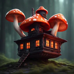 A funny floating mushroom house in space. neutral colors, black red orange, Detailed gloss Painting, rich color, fantastical, intricate detail, splash screen, hyperdetailed, insane depth, concept art, 8k resolution, trending on Artstation, Unreal Engine 5, color depth, dynamic lighting, splash art, dramatic, masterpiece, excellent quality beautiful Imaginative, unique,