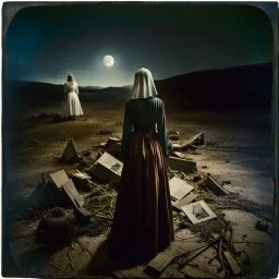 Photorealistic polaroid nothingness and distressing anguish old wooden figure wasteland night Max Ernst Hieronymus Bosch, volumetric light, shot on Hasselblad, movie shot, details of the dress accentuated, nightmare, hypermaximalist