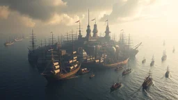 A city made of a gigantic fleet of ships tied together, floating in the ocean