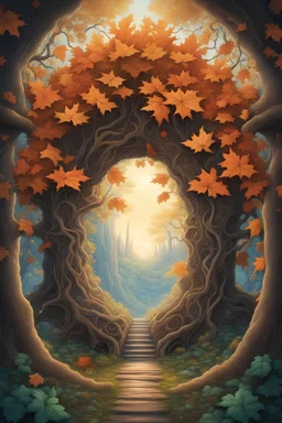intricately detailed realistic maple leaf shaped floral tree portal in a fairytale fantasy background, realistic, highly detailed, a masterpiece by Android Jones, Jacek Yerka, Cyril Rolando