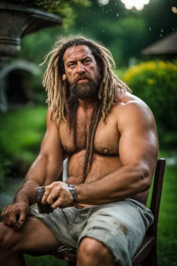 half figure shot photography of a burly strong stocky chubby muscular built short gipsy shirtless homeless hairy man 39 years old in opened broken shorts, manly chest, curly beard, dreadlocks,ajar mouth, sweat, wet, angry, sitting on a chair on the meadow, in a private elegant garden of a villa, raining nighttime, big shoulders, ambient occlusion, photorealistic, frontal view from the ground, dim light from little bulbs