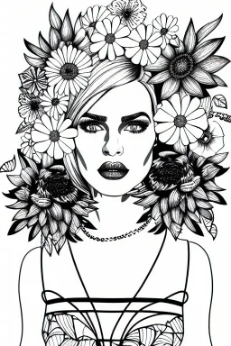 hyper detailed, black and white, thick line, coloring book illustration, lineart, stunningly beautiful woman in flowers