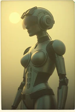 steampunk, vintage analog polaroid of a woman robot, female body, fog, lomography, heavy film grain, sun, color bleed, depth of field, bokeh, retro