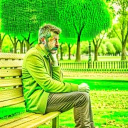 The figure of a man in a park sitting on a bench, thinking about complex issues.