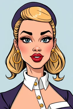 cartoon portrait of a very feminine, sexy European 50 year stewardess lady with blonde hair and strong makeup, big smoky eyes, pouty inviting luscious lips and large golden earrings