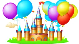 Illustration of a balloon castle, this castle is the party decoration factory. detailed illustration, realistic and colorfull