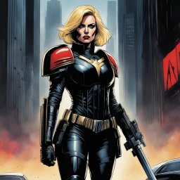 [Dredd art by Carlos Ezquerra] stands a figure unlike any other - Judge Brienne, a towering woman with a gaze as sharp as her blade. Clad in the iconic uniform of the Judges designed by agent provocateur, she patrolled the streets with unwavering determination, her presence commanding respect and fear in equal measure. The citizens of Mega-City One whispered tales of her exploits, of how she single-handedly took down the most dangerous criminals with a skill and grace that seemed almost otherwor