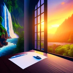 desk, parquet, sheet of paper, little pen, in front of one huge picture window with large view on a waterfall with warm light, sunset ,pixar style, panorama, nature, globe, HD