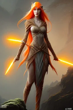 painting of a tall elven young woman with short light orange hair and freckles on the cheak bones and tall body of a topmodel light clothes, long shot, ultra realistic, concept art, intricate details, eerie, highly detailed, photorealistic, octane render, 8 k, unreal engine. art by artgerm and greg rutkowski and charlie bowater and magali villeneuve and alphonse mucha