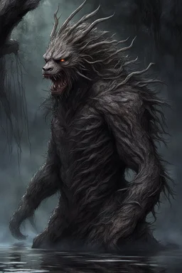 As he headed toward the noise, the shrieking grew louder until it escalated into an unearthly screech that made the hairs on his neck stand up. Breaking into a clearing, he froze at the sight before him. A bizarre creature resembling a misshapen humanoid was leaning over the water, its leathery limbs ending in claws that sliced through the air. When its face turned toward Alex, slitted yellow eyes met his with unbridled malice. It let out an earsplitting shriek and charged. Alex turned to run bu