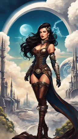 exotic sci-fi steampunk pin-up girl, with long dark hair, on an sci-fi planet with cloud trees, tall spires, buildings, bridges, arches