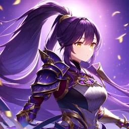 girl, masterpiece, best quality, cinematic lighting, detailed outfit, perfect eyes, black hair, golden eyes, long hair, ponytail, in a fantasy world with purple hair, purple eyes, armor-plated clothes, with a mystical background, glowing effects, with intricate patterns,