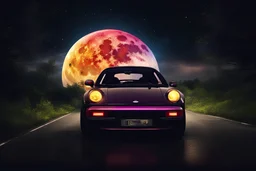 Amazing beautiful nature Big Moon Darkness car extremly ultrarealistic multicolore a lot of colorful lights and lightning