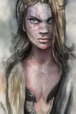 portrait, watercolour, realistic, illustration, dnd, fantasy, dwarf, ghost, ethereal, blue skin, glowy skin, see-through