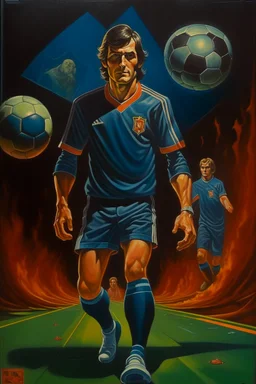 1970's dark fantasy cover dnd style oil painting of a soccer player with sport outfits with minimalist far perspective. Magazine.