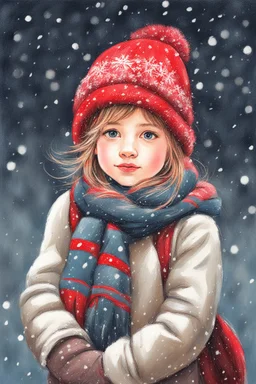 Masterpiece, best quality, oil pastel painting style, drawing of a cute girl with a red hat and scarf, snow falling in the background, shining night