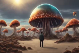 Standing on a beach of an alien world, watching mushrooms with jellyfish tentacles in the sky, photorealistic, Deep Colour, Fantastical, Intricate Detail, sunshine