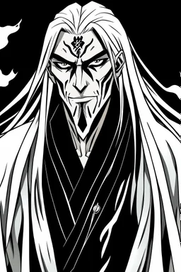 A manga-style portrait of a fierce male Shinigami from Bleach, tall and muscular, with wild silver-gray hair, steel-colored eyes, and a scar across his left brow and cheek. He wears a tattered captain's haori of the 11th Division, open kimono revealing a dragon claw tattoo on his chest, and metallic claws (Haganetsume) on his forearms. He smirks defiantly, standing in a dynamic pose with silver reiatsu swirling around him.