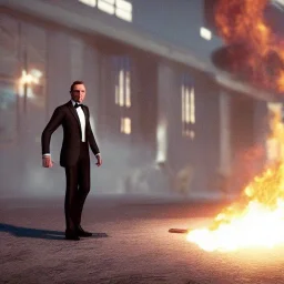 James bond,portriate,heroic,ultrarealistic, fiverr,unreal engine, cinamatic,fight sceen,lighting,"saving a woman",fire