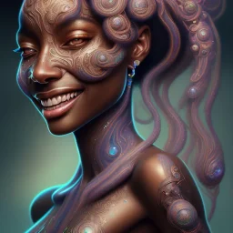 Portrait of black woman psychedelic, smiling, sango fantasy, fantasy magic, intricate, sharp focus, illustration, lot's of grain on the skin, tribal tatoos,highly detailed, digital painting, concept art, matte, masterpiece, one head, high key lighting, volumetric light high details psychedelic background