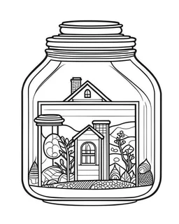 little house life in jar minimalistic, line art, background, vector, svg, coloring book page style, black outline on white background