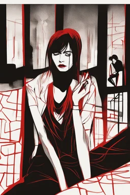 Image of a woman sitting alone, surrounded by shadowy figures whispering in her ear, suggesting the influence of manipulation and dark psychology on individual perceptions of attractiveness Give it a very dark frightening vibe. Use black and red theme.