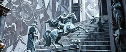 centaur with stenthal syndrome, the chariot, the fool and the tower tarot card disaster rendered in magnificient 4d glossy marble stones reflective and wet, like mirrors, winding stairs, watchers, statues of perfect octahedron dice