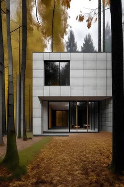 Fachada de una casa mínimalista de cemento pulido en un bosque en otoño