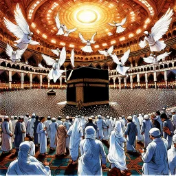 The scene in Mecca: People wearing white Ihram clothes, men without head coverings, women with veils, circumambulating around the Kaaba, and above them are transparent white spirits of children, men, and women with wings revolving around the Kaaba.