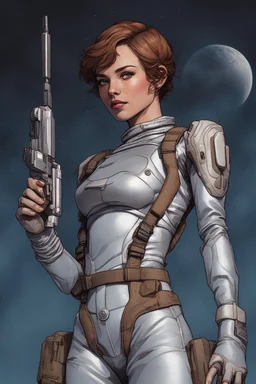 A young space warrior woman with freckles and short brown hair, wearing a silver jumpsuit and holding a pair of energy pistols