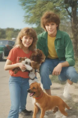 full color image, 1980's yearbook photo, teenager, Shaggy and Daphney and Scooby Doo the dog, 14 years old, photorealistic, --ar 9:16 --style raw