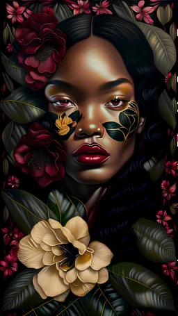beautiful realistic black woman with black and golden pattern painted on face, with dark red hair, lots of magnolias of all colors growing from her, dark green flower pattern background