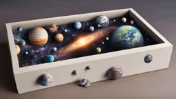 a box 10 cm long by 5 cm wide and 25 cm high, space, planets, aliens, and more beautiful, realistic