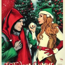 two elves. woman and man. Christmas scene. poster. marvel comic. low-key