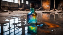 a crude empty angular glass bottle inside a puddle of (iridescent oil:1.7) on the floor of an abandoned factory workshop, side view, ink and acrylic, heavy industrial vibe, rusty backdrops