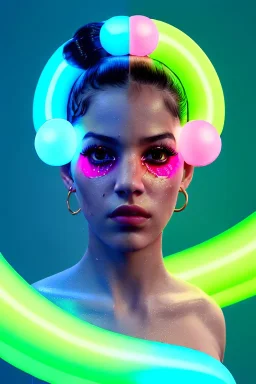 Rosalía artist, Realistic image, natural waist up portrait, perfect eyes, glow, circle iris, eye liner. pigtails hair, spray line make up, glow. lips, gold. big rings piercing, led ornament, pearls. coat, latex, inflatable, hot, led lights, minimal, neon, pink, blue, gold, vibrant color, highly detailed, art stations, concept art, smooth, unreal engine 5, god lights, ray tracing, RTX, lumen lighting, ultra detail, volumetric lighting, 3d, finely drawn, high definition, 4k.