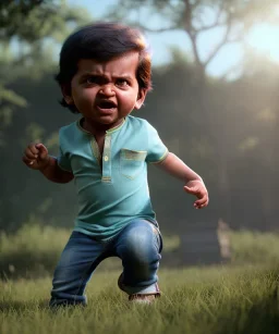 Raj kootrappali toddler, full body, dramatic lighting, angry, hyper realistic,