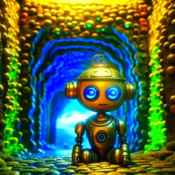 portrait of incomprehensible cute chat robot in the style of lowcraft , in front of teleporter portal to the sea in an underground grove, in the style of dali, 8k, down-light, soft light, depth of field, photo realism, trending on art station, high detail