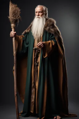 Elderly druid king with a grey beard dressed in long flowing robes carrying a long wooden staff Photo realistic