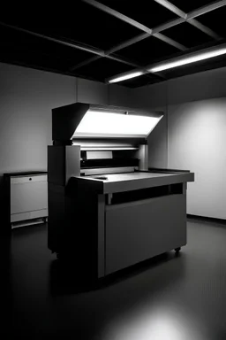 conteporary exhibition room empty gray room with a printer continously printing. the room should be dramatically lit and have no other object inside. the printer is a small thermal printer. we see it from the front. the room is very dark with only a small source of light from the top. The printer is 20cm big