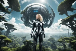 Wide angle photo of a slim sci-fi woman with blond hair, wearing a silver and black futuristic spacesuit looking android-like, standing on a alien cloud tree jungle planet