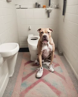 Unusual photo of a pit bull terrier sitting on a toilet, imitating a human. The dog is wearing a comical pair of shoes. Rts that have been lowered just above their front legs. He is facing the viewer, engrossed in reading something on his cell phone. The bathroom is clean and modern, with a small, colorful rug on the floor. The general atmosphere of the photo is happy and fun