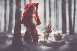 Double exposure, merged layers, Stage, stand-up microphone, drums, guitars, speakers, forest, Hansel and Gretel, Snow White walking with Robin Hood, midwife with an iron nose, Little Red Riding Hood with a basket on her arm, wolf horn on her head in sunshine, ethereal, cinematic postprocessing, bokeh, dof