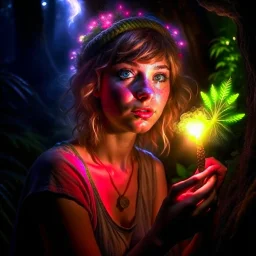 photorealism, a hippie pixie in the underground grove glowing light, in the style of escher, 8k, down-light, soft light, depth of field, photo realism, trending on art station, high detail, smoke and fog